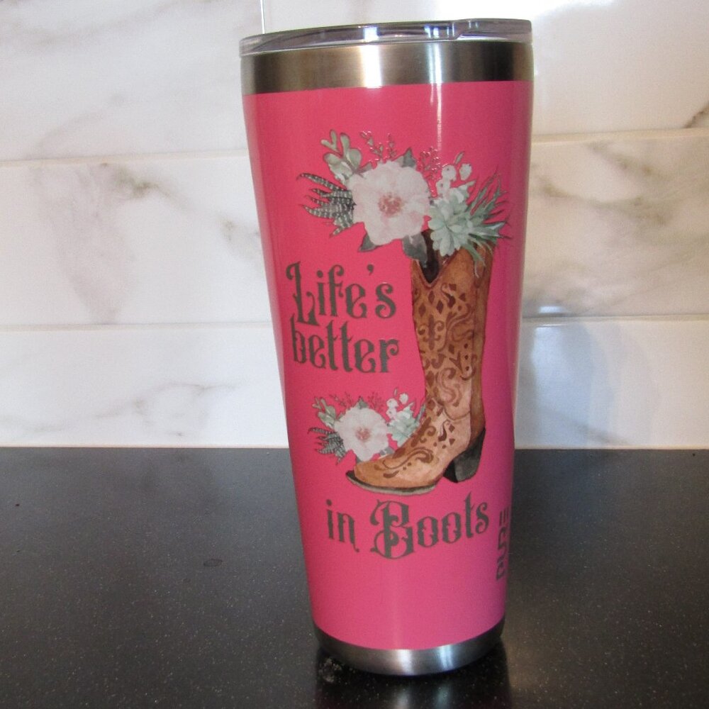 Pink Life's Better in Boots stainless steel tumbler